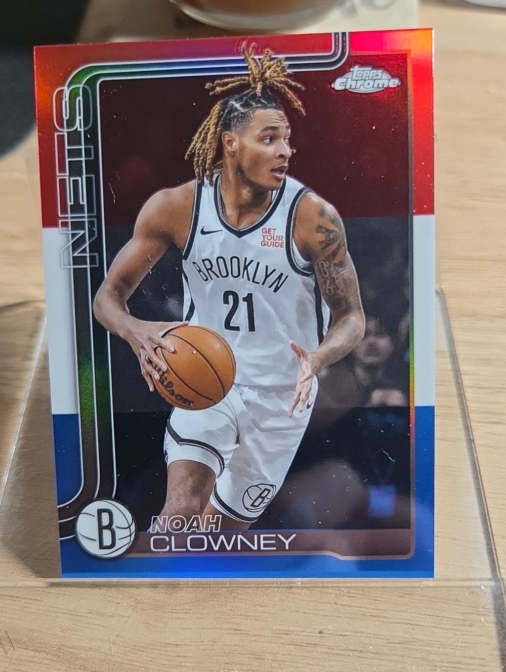 2025 Topps Noah Clowney Brooklyn Nets Card - White/Blue/Red Chrome